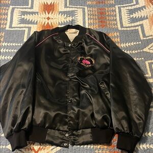 PRCA Black Satin Bomber Jacket with Pink Embroidery